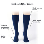Egenskaper: graderad kompression 15–21 mmHg, mjuk bomull, resår som inte skär in, storlek 36–47