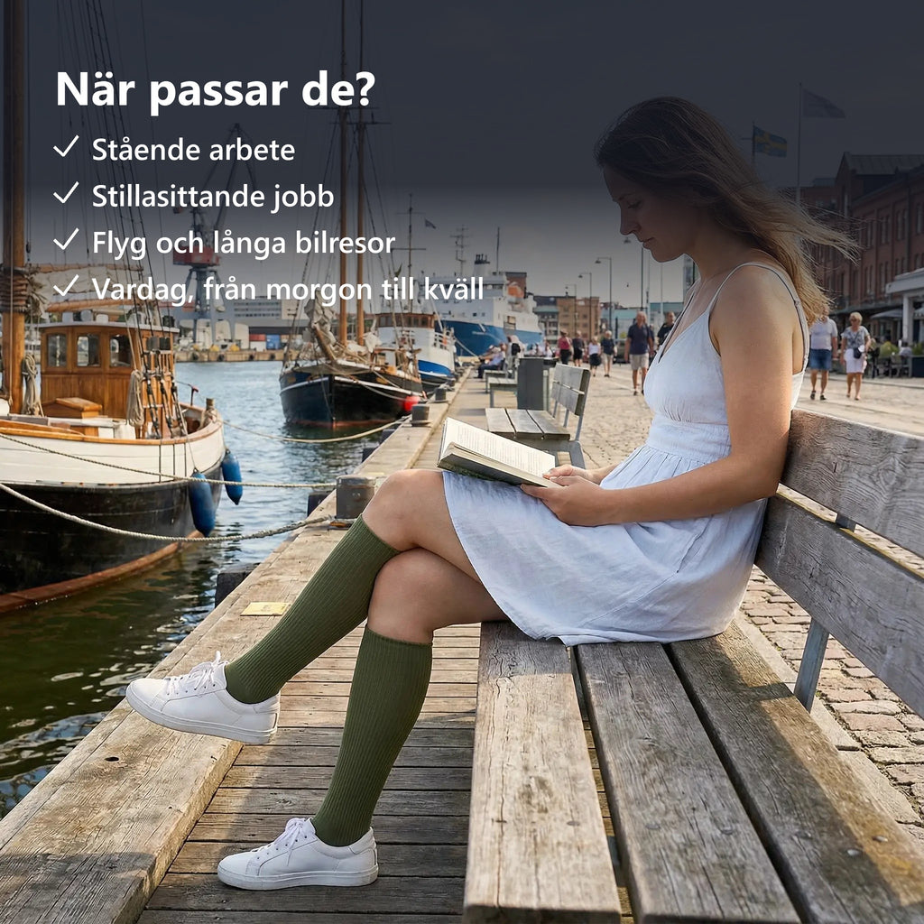 När passar stödstrumpor? Stående arbete, stillasittande jobb och resor