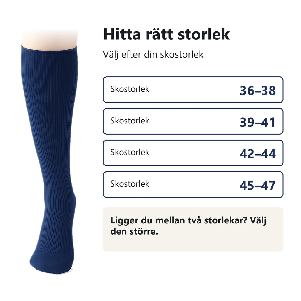 Storleksguide för stödstrumpor, storlek 36–47 efter skostorlek